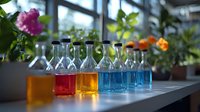 Glass laboratory bottles filled with colorful liquids in rainbow gradient arrangement on windowsill with blooming flowers, scientific research concept.