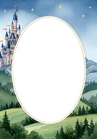 Fairytale castle frame with magical starry sky and forest landscape, oval border for text or photos, fantasy storybook design for invitations and cards.