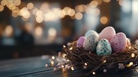 Speckled pastel Easter eggs nestled in dark twigs nest with glowing fairy lights creating magical holiday atmosphere against soft bokeh background.