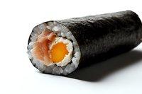Fresh sushi roll with salmon and mango filling wrapped in nori seaweed and white rice, close-up view on white background, food photography.