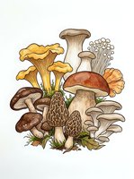 Assorted mushroom varieties including chanterelles, morels, and button mushrooms with detailed botanical illustration style, isolated on white background for design projects.