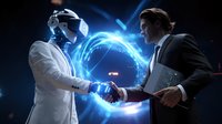 Futuristic business handshake between man in suit and robot with glowing blue energy portal, representing AI partnership and technological advancement in corporate world.