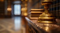 Golden brass candlestick holder on ornate wooden table in warm library setting with blurred books and soft lighting creating elegant vintage atmosphere.