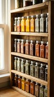 Organized wooden spice rack with glass jars containing colorful herbs and spices in rustic kitchen pantry storage system for cooking and culinary organization.
