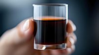 Small glass of dark liquid held in hand against blurred background, shallow depth of field creates artistic mood for beverage photography and advertising.