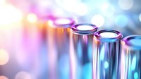 Laboratory test tubes in soft focus with vibrant pink and blue bokeh lighting effects create dreamy scientific research atmosphere for medical backgrounds.