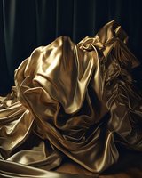 Luxurious golden silk fabric with dramatic folds and creases against dark background creates elegant abstract composition with rich shadows and highlights.
