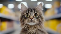 Long-haired tabby cat with bright yellow eyes gazing upward against blurred retail store background, expressing curiosity and alertness. Pet photography for advertising.