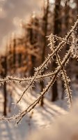 Frost-covered thorny branches in winter forest with golden sunlight creating warm bokeh background for seasonal nature photography and outdoor designs.