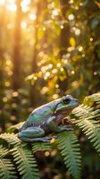 Colorful tree frog sitting on green fern leaves in tropical rainforest with golden sunlight and bokeh background creating magical atmosphere.