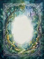 Enchanted forest frame with ornate border, magical woodland scene, fairy tale castle, mystical trees and plants, fantasy storybook template for text or photos.