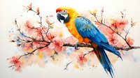 Vibrant macaw perched on blooming cherry branch, watercolor style artwork featuring blue and gold plumage against soft pink floral background, artistic nature illustration.
