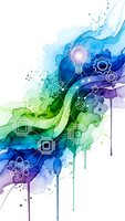 Abstract watercolor technology concept with lightbulb, gears and circuit elements on white background for innovation and digital transformation designs.