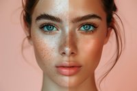 Close up portrait showing face with and without freckles side by side comparison on pink background, highlighting natural beauty and skin features.