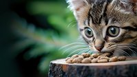 Adorable tabby kitten with bright blue eyes eating dry food from wooden bowl outdoors. Pet nutrition, animal care, feline feeding time concept.