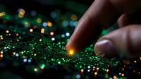 Finger touching glowing digital surface with green and orange bokeh lights, creating futuristic technology concept against dark background. Macro photography.