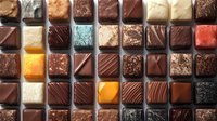 Assorted chocolate confections in various flavors and coatings arranged in a grid display box, showcasing dark, milk, and white chocolate varieties for bakery, confectionery, and culinary design projects.