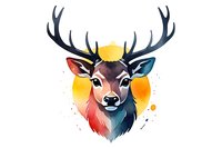 Colorful watercolor deer head with majestic antlers against sunset background, perfect for logo design, tattoo art or modern wall decor. Artistic wildlife illustration on white background.