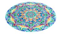 Colorful geometric mandala pattern with symmetrical kaleidoscopic design featuring vibrant blue, purple, yellow and orange tones. Isolated on transparent background, ready for design projects.