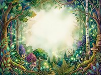Enchanted forest frame with twisted trees, lush foliage, and magical glowing light in center. Isolated on white background, ready for design projects, invitations, and creative compositions.