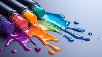 Vibrant melting crayons creating colorful drips and splashes on dark surface, arranged in rainbow spectrum with purple, pink, orange, and blue wax flowing dramatically.