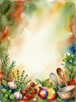 Watercolor cooking frame with fresh herbs, vegetables and kitchen utensils arranged on bottom border, featuring tomatoes, garlic, onions and rosemary against soft blended background for recipe cards and culinary designs.