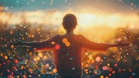 Young woman with outstretched arms silhouetted against golden sunset sky with magical glowing bokeh lights and particles creating dreamy atmospheric scene.