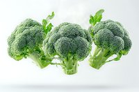 Fresh green broccoli florets floating in air against white background, healthy organic vegetables with detailed texture and natural leaves.