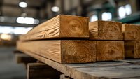 Stack of fresh cut lumber planks with visible wood grain texture and annual rings on blurred industrial warehouse background, construction materials.