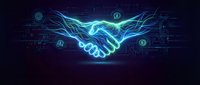 Digital handshake with glowing blue energy lines representing business partnership, technology cooperation and futuristic networking connections.