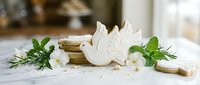 White wooden dove ornament with spring flowers and herbs on rustic table for Easter decoration, wedding centerpiece or peaceful home decor styling.
