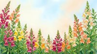 Watercolor snapdragon flowers in pink, orange, yellow, and red bloom against a soft pastel sky background, creating a vibrant garden border.