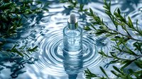 Glass bottle with dropper creating ripples in clear water surrounded by green leaves, natural cosmetic concept for skincare and wellness products.