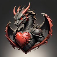 Dark fantasy dragon with metallic scales embracing glowing red heart, featuring crimson wings and horns against shadowy background. Fierce red eyes and spiked armor details.