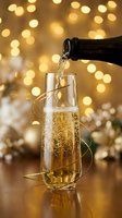 Champagne pouring into flute glass with golden bokeh lights and festive decorations in background, perfect for celebration and holiday event marketing.