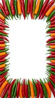 Colorful chili peppers arranged in rectangular frame border on white background with copy space for text or design elements in center.