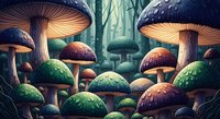 Enchanted forest floor filled with oversized mushrooms in earthy tones and vibrant greens, creating a magical woodland fantasy environment suitable for game design and digital art projects.