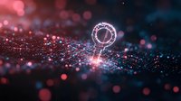 Glowing digital location pin on futuristic technology grid with pink bokeh lights and network connections for navigation systems.