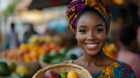Young African woman in colorful traditional headwrap and dress holding fresh produce basket at local market, radiating joy with bright authentic smile.