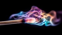 Burning match with colorful smoke trails in pink, blue and orange hues against black background, dramatic lighting creates mystical atmosphere for creative designs.