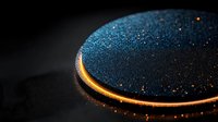 Glowing circle with blue metallic texture and golden light rim on dark background, abstract minimalist composition with sparkle effect and dramatic lighting.
