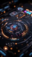 Futuristic circular interface with glowing orange and blue elements creating dynamic technological pattern against dark background for tech industry visuals.