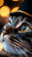 Close-up portrait of gray cat wearing tiny top hat against blurred golden bokeh lights background, highlighting striking blue eyes and detailed fur texture.