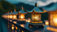 Traditional Asian lanterns glowing at dusk, wooden pagoda-style design with warm light illuminating ornate details against blurred mountain backdrop. Peaceful zen mood.