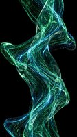 Abstract flowing energy waves with luminous green and blue neon light trails swirling against dark background, suitable for technology, science, digital art, and modern design projects.