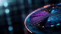 Abstract digital wave with glowing particles and neon lights creating futuristic data visualization background for technology and science presentations.
