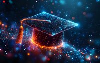 Glowing graduation cap with sparkles and light particles against dark background, neon blue and orange colors create magical academic achievement atmosphere.