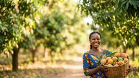 Woman farmer holding basket of fresh oranges in orchard garden, harvesting citrus fruits outdoors during daytime.