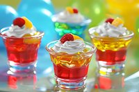 Colorful layered jelly desserts in small glass cups topped with whipped cream and fresh fruit garnishes against a bright blurred background.