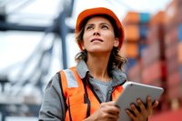 Female engineer in orange safety vest and hard hat looking up while holding tablet at shipping container port, inspecting logistics operations.